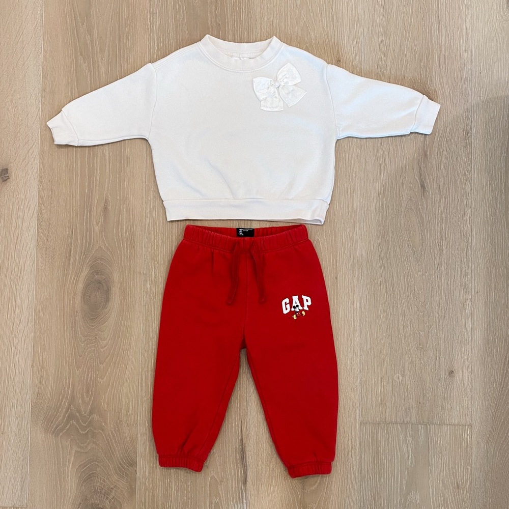 GAP x Disney | White Blouse and Red Joggers (12-18 Months)